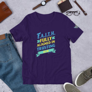 faith shirt (fully aligned in trusting him) with wardrobe accessories in the background