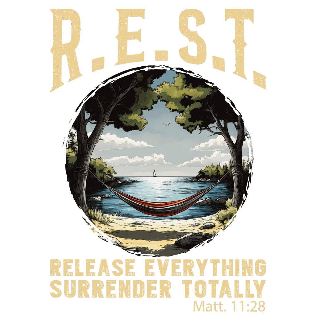 image: peaceful water scene with a hammock hung between 2 trees words: rest, release everything, surrender totally