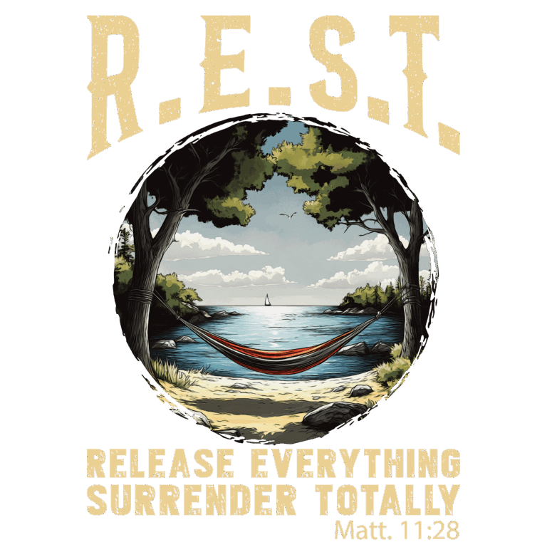 image: peaceful water scene with a hammock hung between 2 trees words: rest, release everything, surrender totally