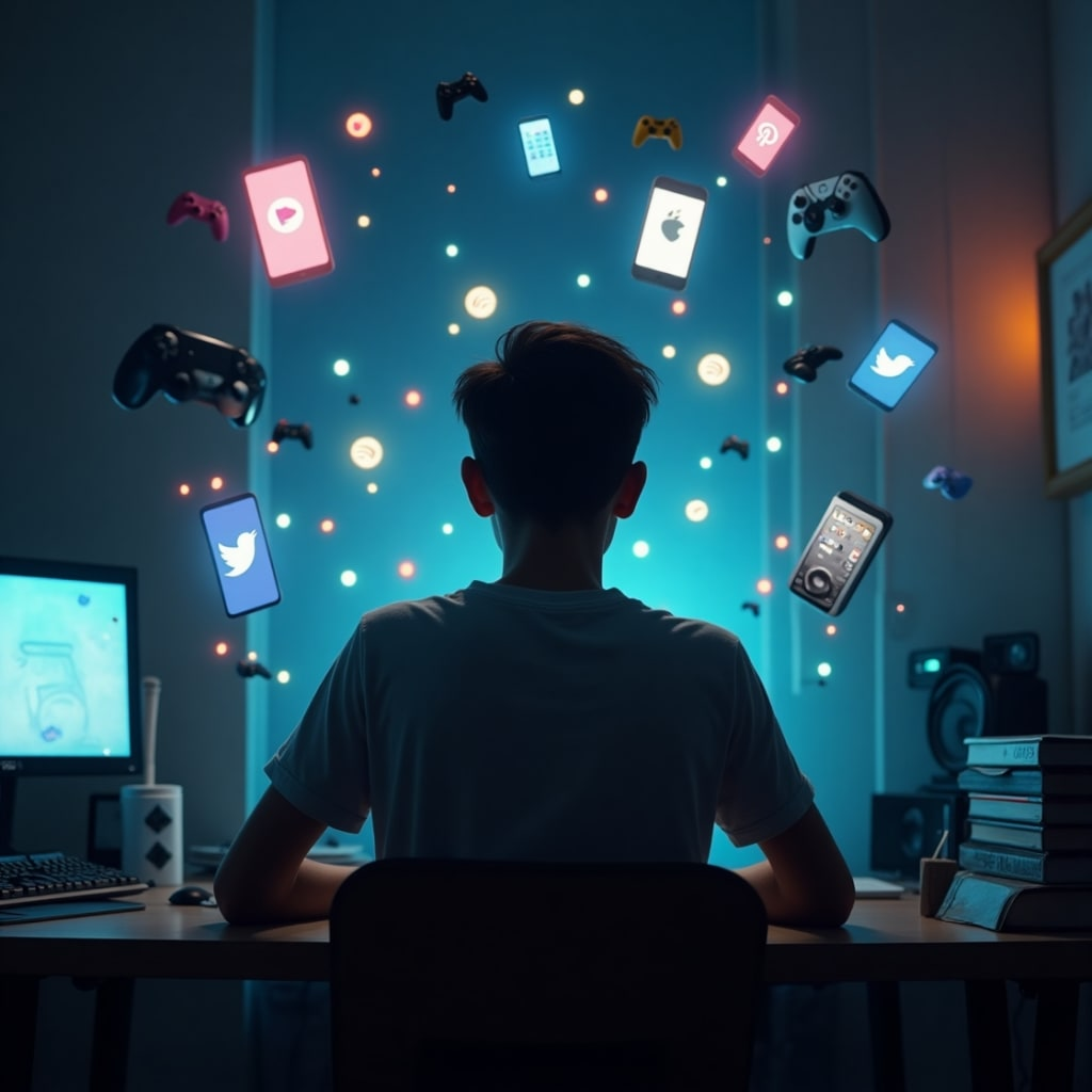 silhouette of person at a desk with images of a cell phone, a computer screen, a joystick, a calendar, and a to-do list floating around his head