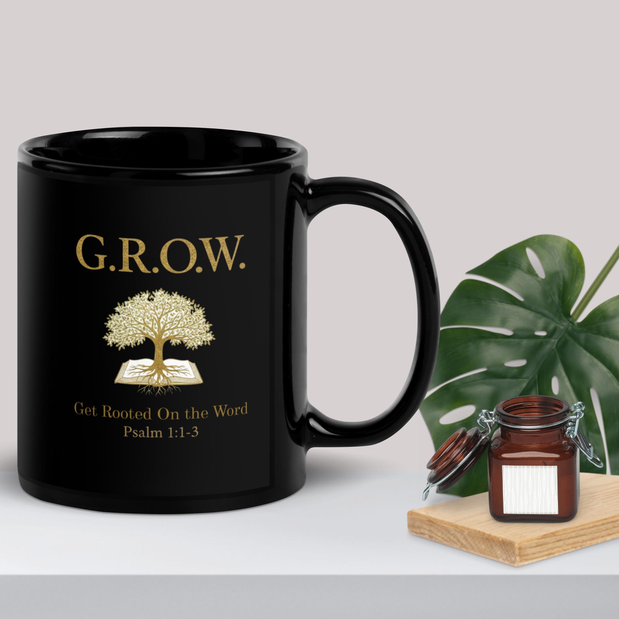 G.R.O.W. — Get Rooted On the Word — Black Glossy Mug Simplistic - Image 2