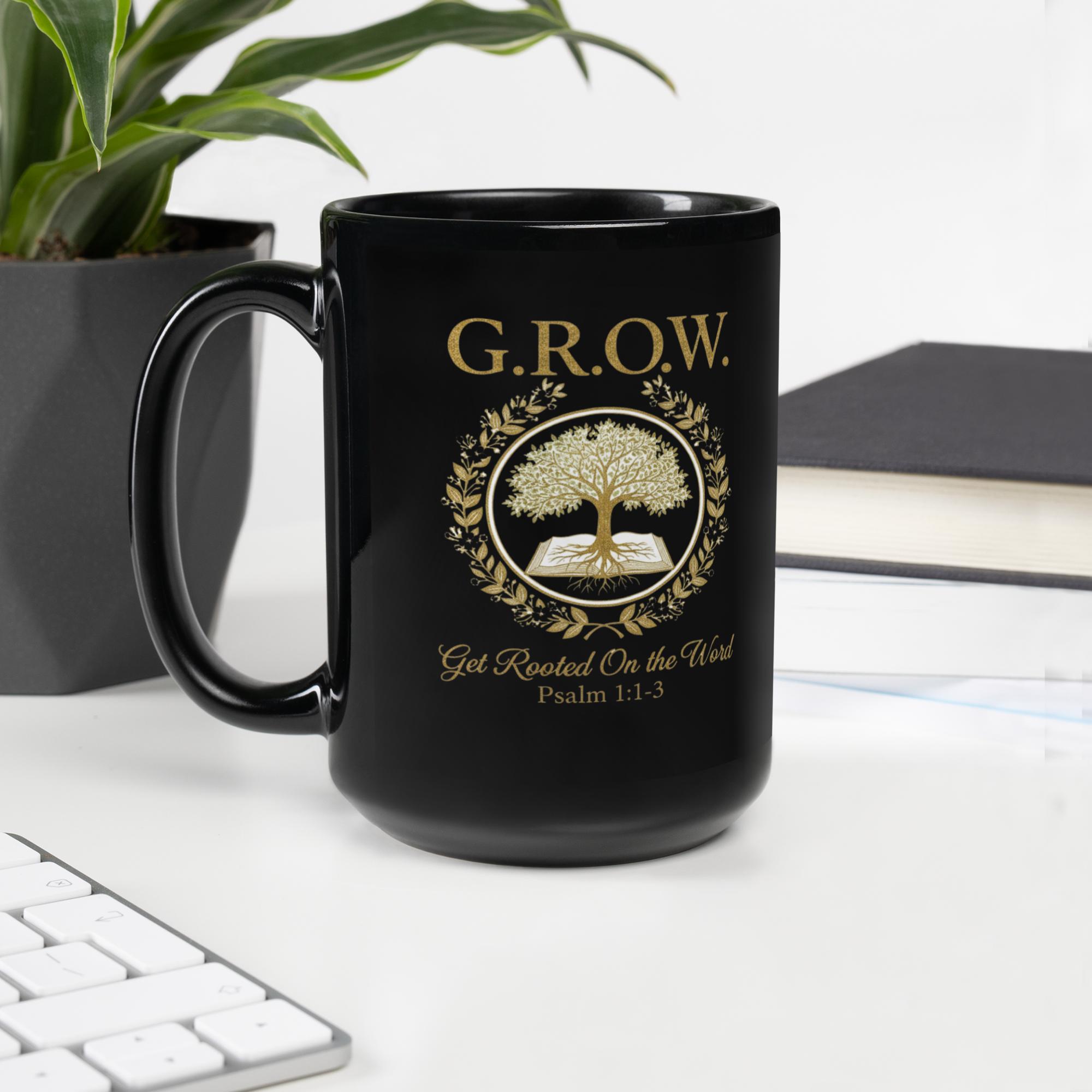 G.R.O.W. — Get Rooted On the Word - Black Glossy Mug - Image 2