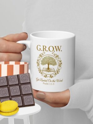 G.R.O.W. — Get Rooted On the Word — White glossy mug